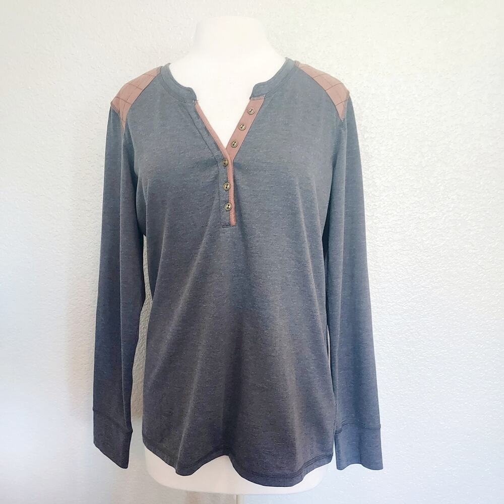Bob Timberlake Long Sleeve Gray Henley w/Brown Elbow Patches Size L